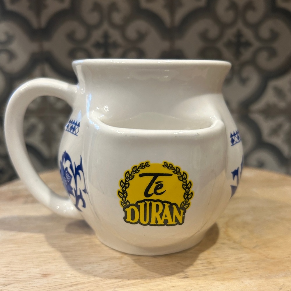RARE FIND! Te Duran Mug Teabag/Cookie Pocket Taza Locura Cafe Cobalt Blue Scroll
